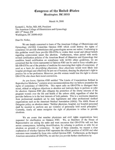 Letter from the Congress of the United States to Dr. Kenneth Noller (ACOG)