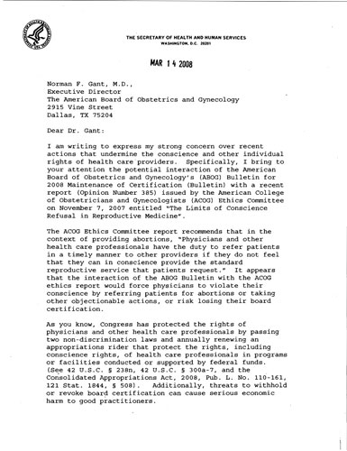 Letter from Michael Leavitt (HHS) in 2008 to Norman Gant (ABOG)
