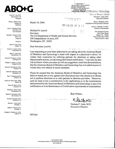 Letter from Dr. Norman Gant (ABOG) to Secretary Michael Leavitt (HHS)