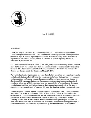 Letter from Dr. Kenneth Noller to ACOG Fellows
