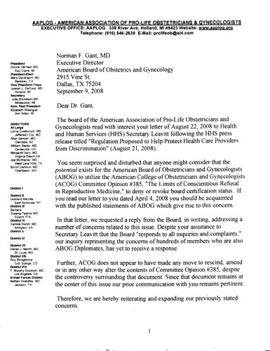 Letter from Dr. Donna Harrison (AAPLOG) to Dr. Norman Gant (ABOG)
