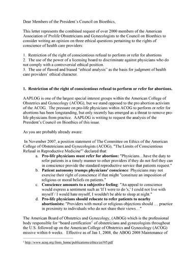 AAPLOG to President's Council on Bioethics