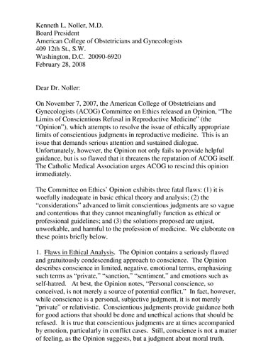Dr. Kathleen Raviele (CMA) to Dr. Kenneth Noller (ACOG)