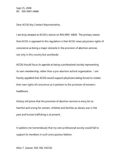 Dr. Allan Sawyer to ACOG and HHS