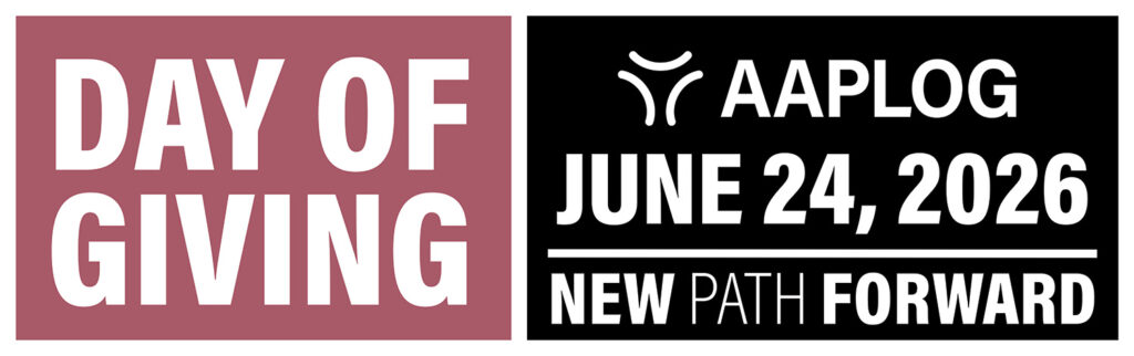 Two-panel banner: left panel shows 'DAY OF GIVING' in large white letters on a mauve background; right panel features the AAPLOG logo, the date 'JUNE 24, 2026' in white on black, and the slogan 'NEW PATH FORWARD' separated by a line above.
