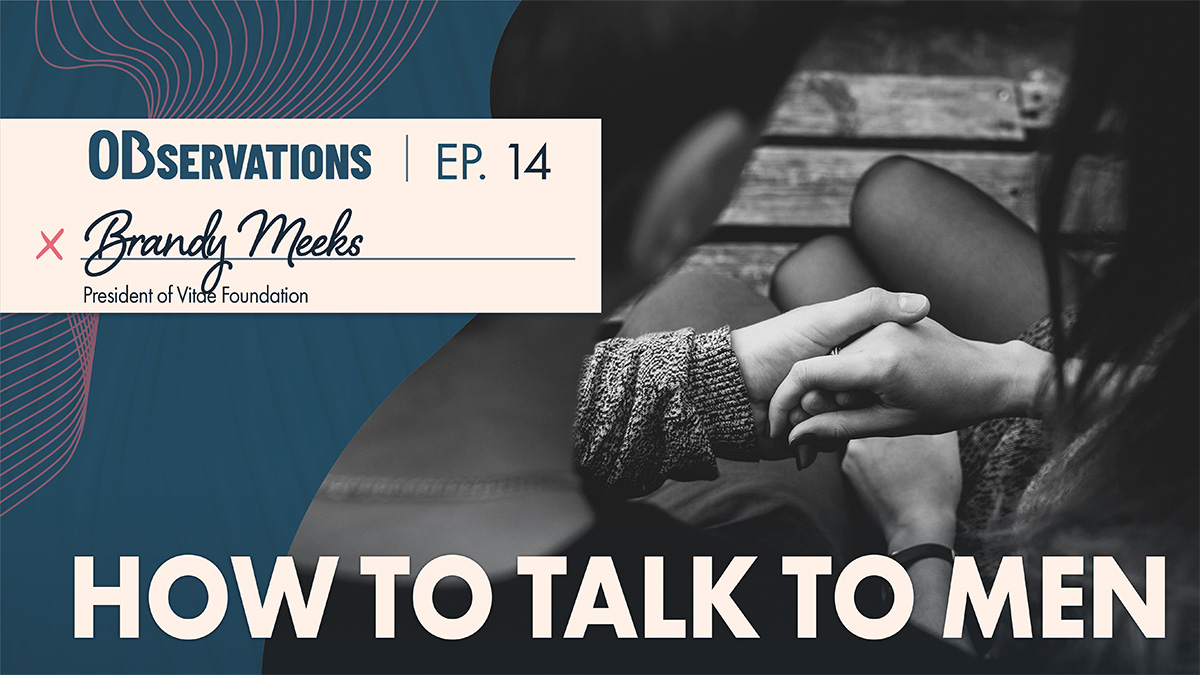 Podcast thumbnail for Observations Ep.14 showing two people holding hands in a grayscale photo with a peach banner and blue graphics, referencing a guest who is the President of Vida Foundation.