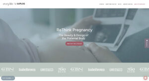 Hero banner for a pregnancy-focused site: soft-focused image of a pregnant belly with hands, overlaid by the headline “ReThink Pregnancy” and subheading “The Beauty & Design of the Maternal Body” with a pink “Watch the Videos” button above a logos bar at the bottom section.