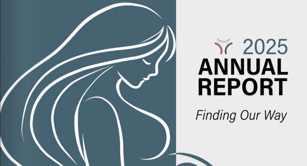 Cover design for the 2025 Annual Report: teal panel with a stylized woman silhouette on the left and the title '2025 Annual Report' with subtitle 'Finding Our Way' on the right.