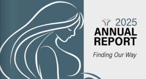 Cover design for the 2025 Annual Report: teal panel with a stylized woman silhouette on the left and the title '2025 Annual Report' with subtitle 'Finding Our Way' on the right.