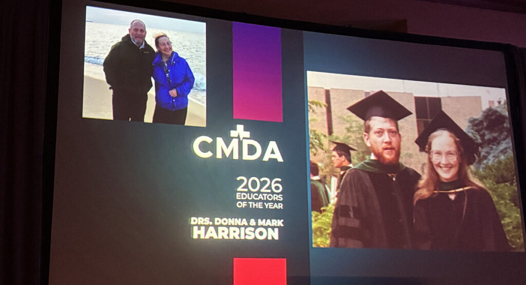 Slide announcing CMDA 2026 Educators of the Year: Drs. Donna & Mark Harrison, with photos on the left (couple on the beach) and right (graduates in caps and gowns).