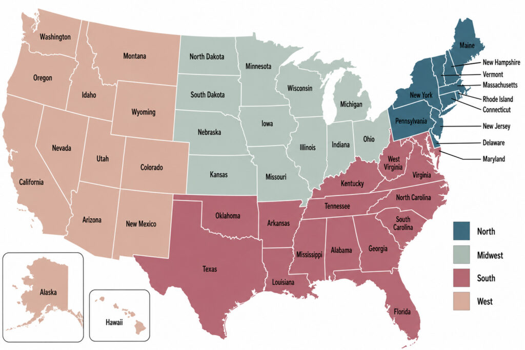 Color-coded U.S. map by region: North in teal, Midwest in light green, South in red, West in peach, with all state names labeled and Alaska/Hawaii inset.