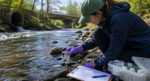 Researcher kneels by a river, collecting a water sample in a clear bottle, with clipboard nearby in view of a test kit on the bank.